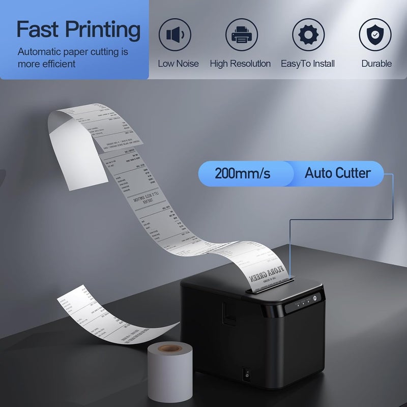 Bisofice طابعة إيصالات 80 مم طابعة حرارية ESC/POS طابعة مكتبية طباعة مباشرة اتصال USB + LAN كفاءة عالية مع قاطع تلقائي سلة ورق كبيرة للأعمال التجارية والشحن والمطاعم والمطابخ والسوبرماركت - Image 2